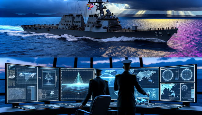 alt_text: A modern U.S. Navy fleet using AI tech with commanders analyzing data amidst a twilight ocean backdrop.