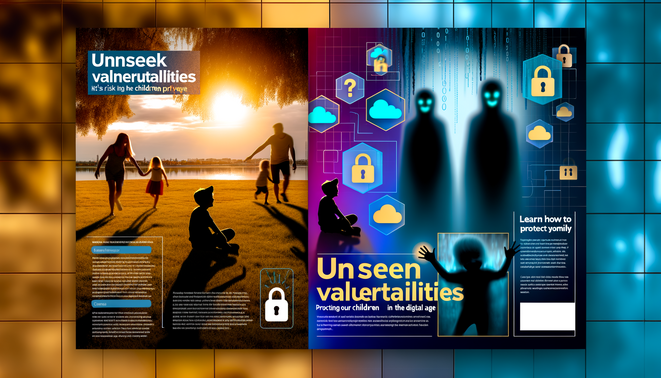 alt_text: A split cover image contrasting joyful family moments with ominous tech threats to children’s privacy.