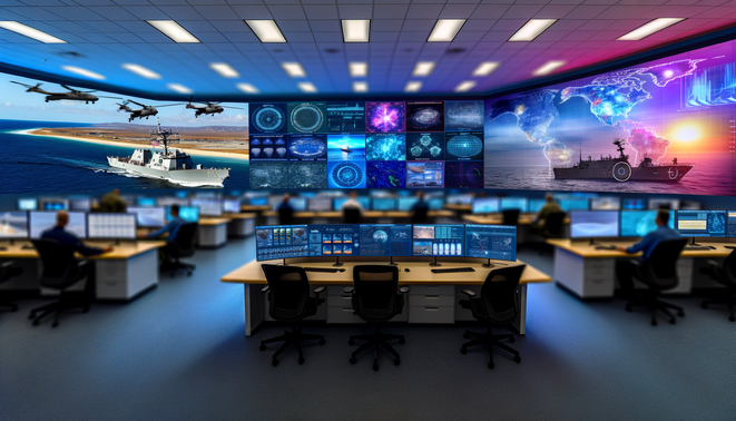 alt_text: A dynamic Marine Operations Center showcasing AI tools, Navy ships, and drones for strategic integration.