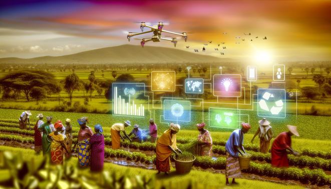 alt_text: "Farmers in a vibrant African landscape use AI and tech tools to enhance agriculture and reduce poverty."