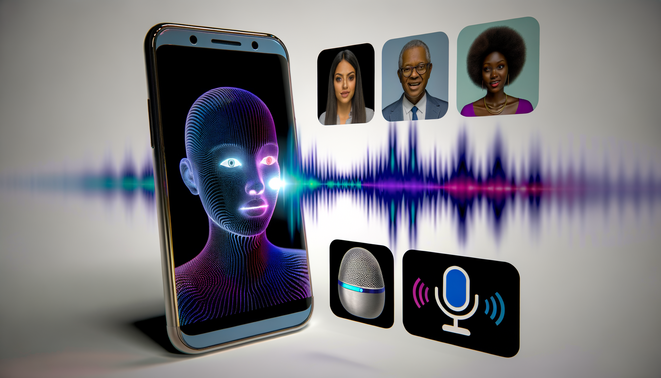 alt_text: A sleek smartphone shows hands-free voice interaction, featuring diverse users and vibrant colors.