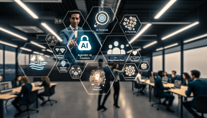 alt_text: A modern financial institution showcasing AI-driven security, fraud detection, and diverse user experiences.