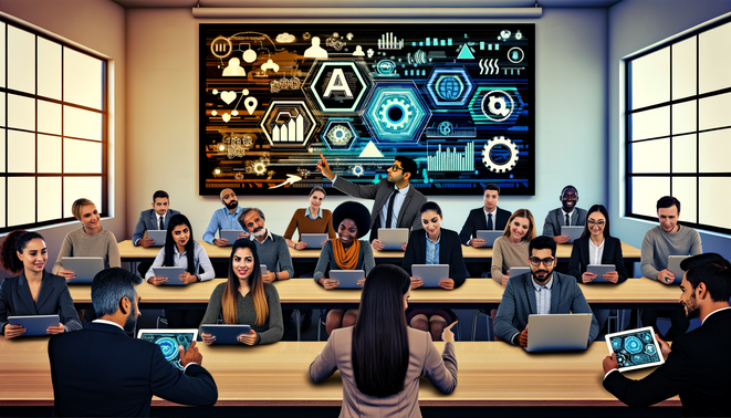 alt_text: Diverse students in a modern classroom discussing AI concepts under an inspiring instructor's guidance.
