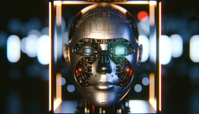 alt_text: "A modern factory with AI robots and humans, showcasing sustainable tech and automation in manufacturing."