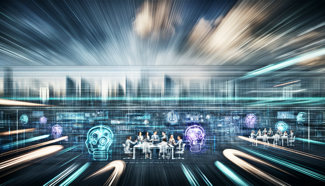 alt_text: Futuristic cityscape merging technology and business, showcasing AI's transformative impact in 2025.