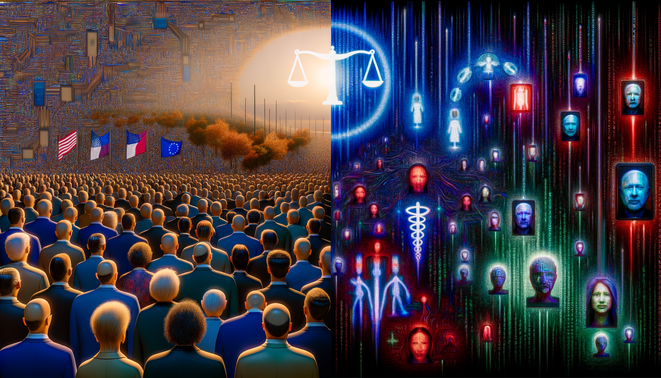 alt_text: A split image shows voters in a booth vs. a chaotic digital landscape, highlighting deepfake impacts on elections.