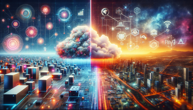 **alt_text**: Split image showing Edge AI with devices and Cloud AI with networks, symbolizing their integration.