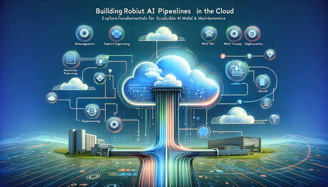alt_text: Cover image depicting a cloud AI pipeline with stages, icons, and tech themes for scalable operations.