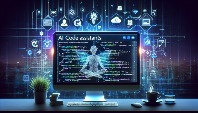 alt_text: "A dynamic cover image showcasing AI code assistants, featuring code suggestions and tech motifs."
