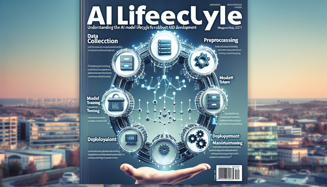 alt_text: Flowchart illustrating the AI Model Lifecycle stages with icons; sleek, tech-focused design.