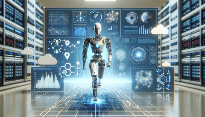 alt_text: A digital AI agent navigates clouds, symbolizing resource optimization and tech synergy.