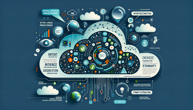 alt_text: Modern design illustrating NLU in cloud services, with clouds, digital nodes, and language elements.