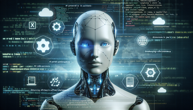 alt_text: Futuristic AI oversees coding environment with code snippets, logos, and DevOps symbols showcasing efficiency.