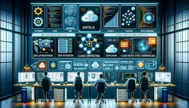 alt_text: A modern workspace showcasing AI tools, collaboration, data visuals, and cloud technology in action.
