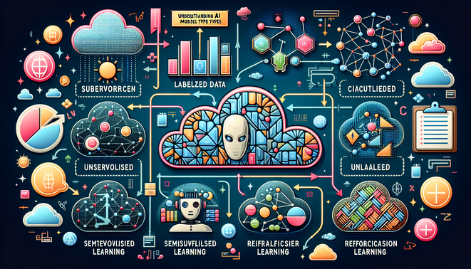 alt_text: Cover image illustrating AI model types in cloud computing, featuring supervised, unsupervised, semi-supervised, and reinforcement learning.