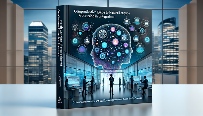 alt_text: Professional book cover showing NLP in business with sleek office, tech elements, and human interaction.