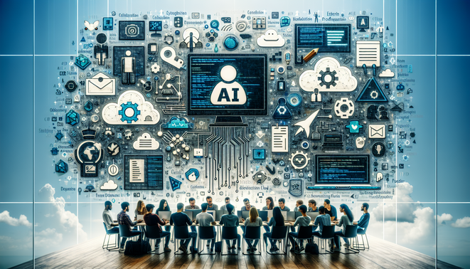 alt_text: A dynamic cover illustrating AI-enhanced coding, collaboration, and innovation in software development.