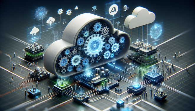 alt_text: Futuristic cloud landscape with AI agents, circuits, and dynamic data flows, highlighting automation.