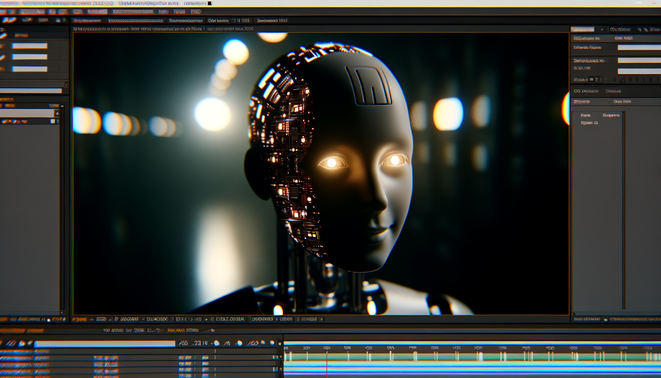 alt_text: A vibrant film reel unspools AI visuals, showcasing creativity in a futuristic cityscape.