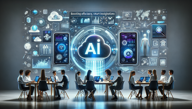 alt_text: A sleek digital workspace showcasing AI tools with teamwork graphics, exuding innovation and productivity.