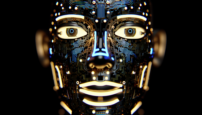 alt_text: AI-driven hotel marketing with modern design, social media icons, and guests using technology.