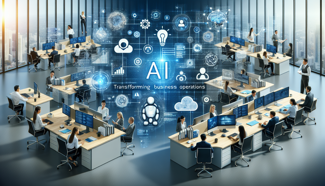 alt_text: A modern office scene showcasing AI integration in workflows, highlighting collaboration and technology.