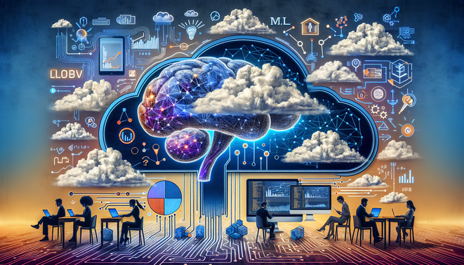 alt_text: Cover design featuring a tech cloudscape, circuit brain, and professionals showcasing ML in business.