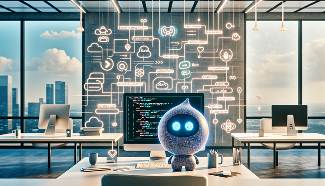 alt_text: A modern workspace featuring AI coding assistants, showcasing collaboration and coding efficiency.
