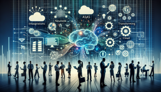 alt_text: An engaging cover for "Integrating AI into SaaS" showcasing digital workspaces, AI, and cloud tech.