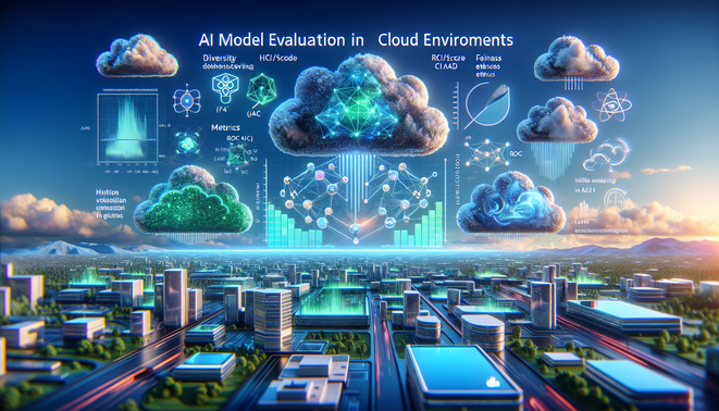 alt_text: A futuristic cloud landscape depicting AI models, metrics, and CI/CD processes for evaluation.
