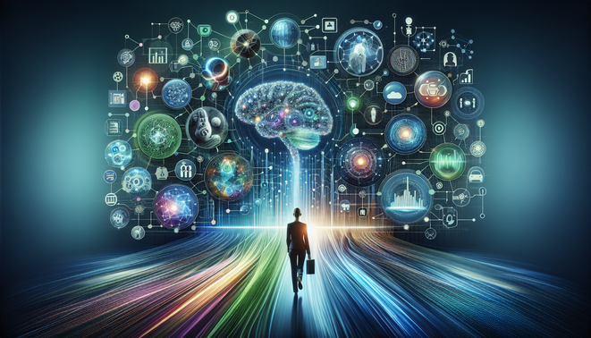 "Cover image showcasing AI's transformative role in business with neural networks, data streams, and industries."