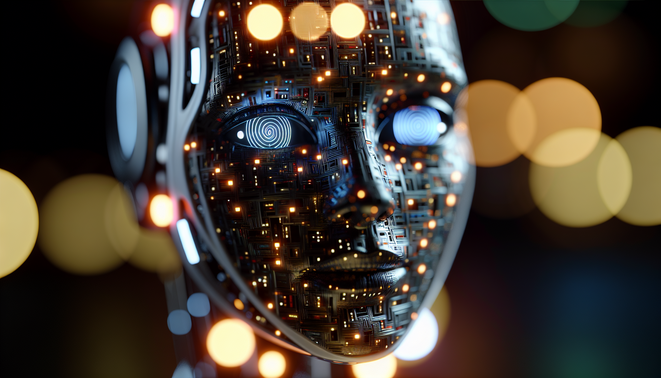 alt_text: A digital landscape shows a figure at a crossroads between AI benefits and cautionary symbols.