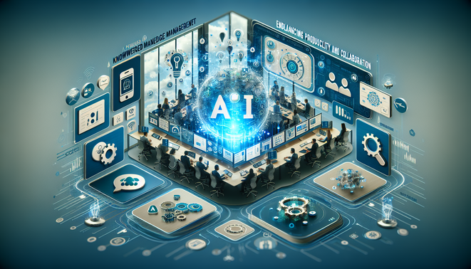 alt_text: A futuristic digital workspace showcasing AI tools, highlighting collaboration and productivity.