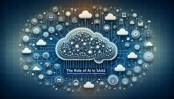 alt_text: Cover image showcasing AI's impact on SaaS with neural networks, cloud elements, and tech icons.