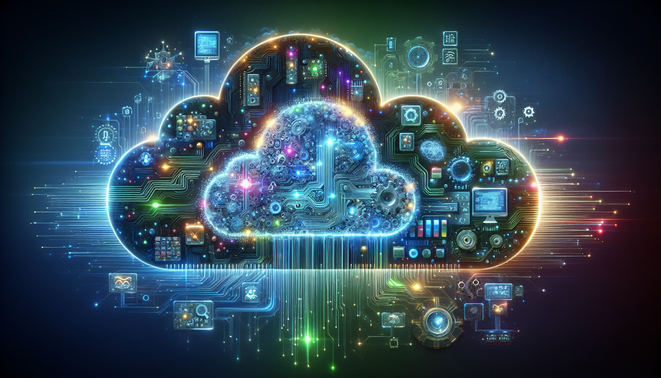 alt_text: Abstract cloud computing scene with AI elements, symbolizing technology's transformation of workflows.