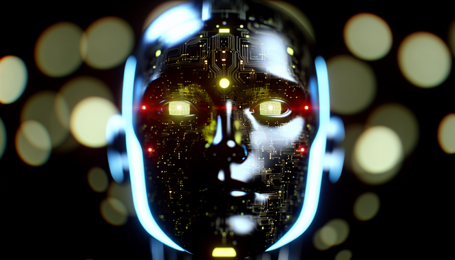 alt_text: A concerned parent peers at a screen, symbolizing vigilance, while a teen engages with AI.