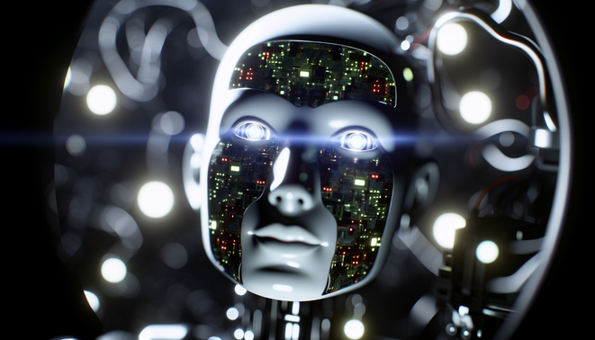 alt_text: Two AI figures connect through data streams, symbolizing safe, supportive conversations in AI.