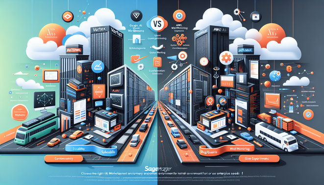 alt_text: A split image comparing Google Vertex AI Workbench and AWS SageMaker Studio for enterprise AI.