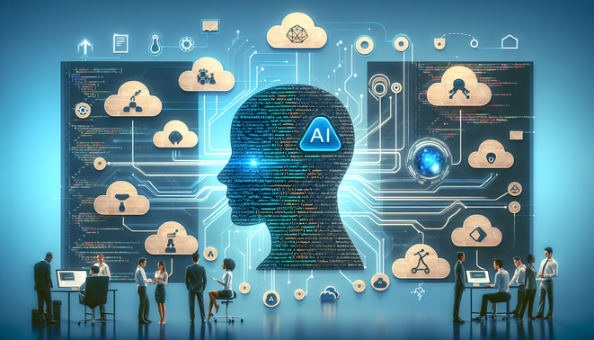 AI coding assistants enhance cloud development, merging code, cloud motifs, and teamwork in a modern design.