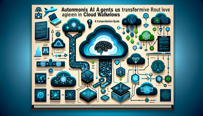 alt_text: A sleek book cover featuring AI, cloud icons, and architecture layers, showcasing autonomous agents in workflows.