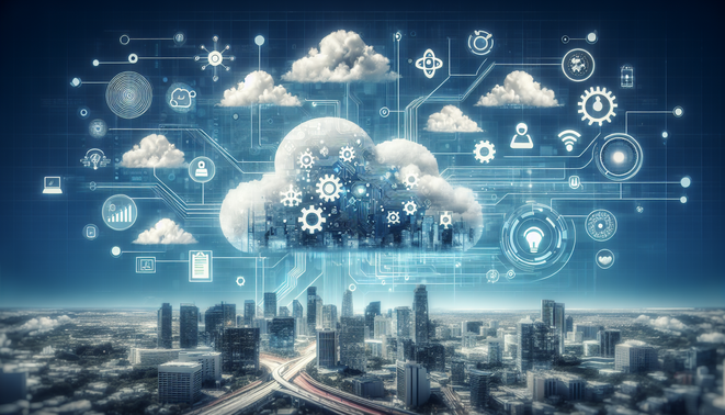 alt_text: A futuristic image showcasing AI, cloud computing, and automation tools in a modern tech environment.