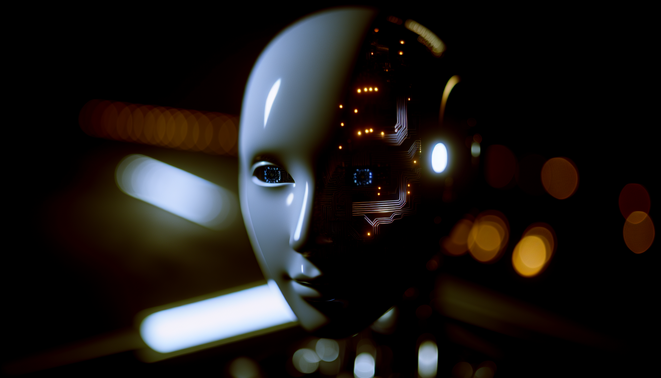 alt_text: Modern office with AI assistant aiding work, overlayed with falling stock graphs symbolizing software volatility.