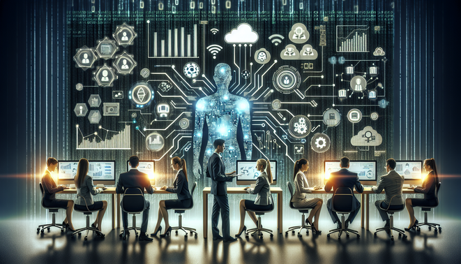 alt_text: "Professionals collaborate in a modern office, showcasing AI and Cloud SaaS for digital transformation."