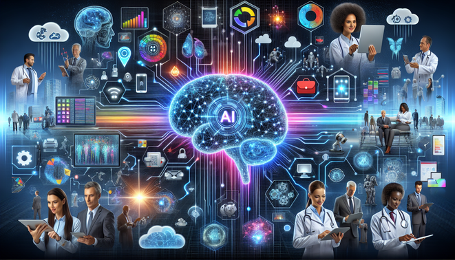 alt_text: "Cover image showcasing AI's impact on business, cloud services, and innovation with diverse professionals."